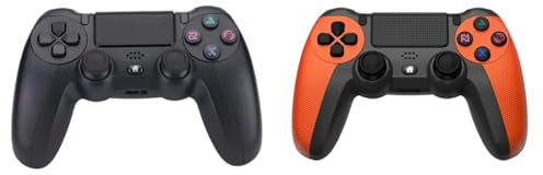 NK Lote de 2 Mandos Inalámbricos para PS4 / PS3 / PC/Móvil (Negro + Naranja) - Wireless Controller con Dualshock, Luz LED, Panel Táctil, Entrada para Auriculares, Cable de Carga incluido