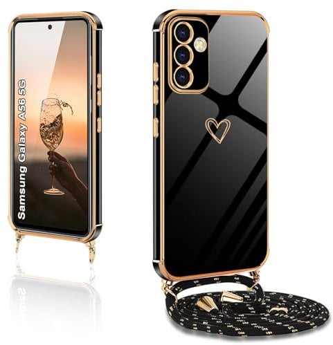 XCYYOO Coque pour Samsung Galaxy A56 avec Cordon, étui A56 Samsung avec bandoulière, Anti-Vibration et Anti-Goutte TPU Silicone Coeur Mignon Coque avec Corde pour Samsung A56 (Noir)