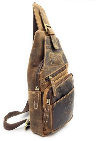 Lemasi Hunters Crossbag Slingbag aus echtem Leder | Vintage Umhängetasche für Herren & Damen – Platz für 0,33L Wasserflasche & Tablet – Links & rechts tragbar