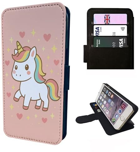 Unicorn Wallet Phone Case Flip Cover Compatible with iPhone SE 7 8 X XR 11 12 13 14 15 16 16E Plus Mini Pro Max – Faux Leather Magical Unicorn Print, Fantasy Lover Gift Black