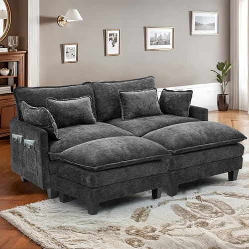 IUXPAM Modulares Ecksofa Sofa, L-förmige Couch fürs Wohnzimmer, extra Tiefe, Bequeme Chenille-Wolkensofas mit Dekokissen und beweglichem Ottoman (Schwarz, 2 Sitze mit 2 Ottomanen)