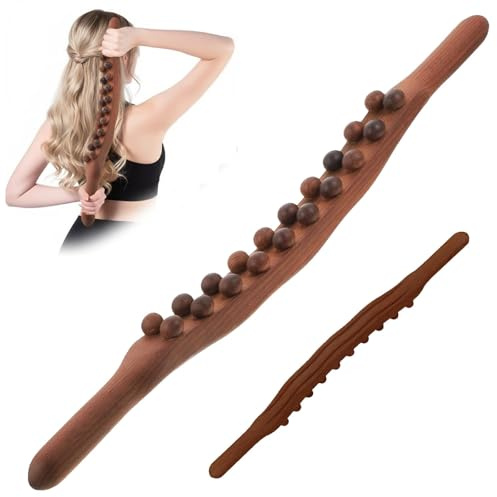 Holz Massagestab Massageperlen | 58cm Faszienstab aus Buchenholz für Tiefenmassage von Rücken, Nacken, Beinen & Faszien.