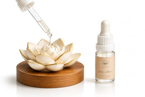 RUHVANA Lotus Aroma Diffusor – Handgefertigter Duftstein/Aromastein aus Gips mit Holzsockel | Natürliche Aromatherapie ohne Strom | Inkl. 10 ml Amber Allure Duftöl
