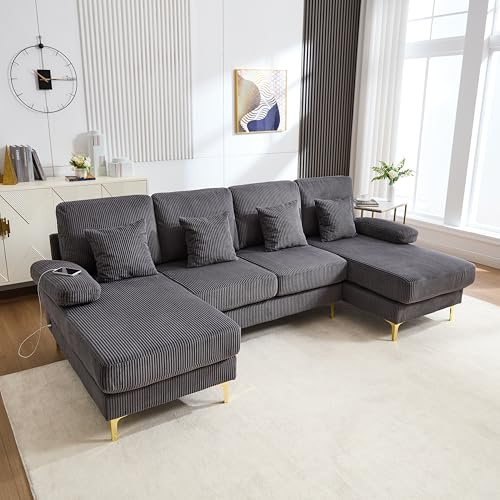 Ball & Cast U-förmiges Couch mit Schlaffunktion, Samt Sofa mit Lichtleiste und USB-Anschlüssen für das Wohnzimmer Wohnung Villa, 265 x 88 x 135 (BxHxT), Grau