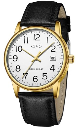 CIVO Klassisch Analog Armbanduhr Herren:Wasserdicht Herrenuhr aus Edelstahl mit Datum - Groß Zahlen Black Lederarmband Herren Uhren Geschenke für Männer