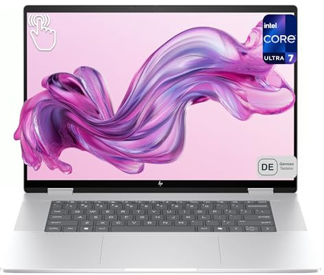 HP Envy x360 2-in-1 Laptop, Intel Core Ultra 7 155U, 16 2K Touchscreen (1920×1200), Intel Graphics, 16 GB DDR5 6400 MHz RAM, 2 TB NVMe SSD, Deutsches Tastatur-Layout, Windows 11 Home, Silber
