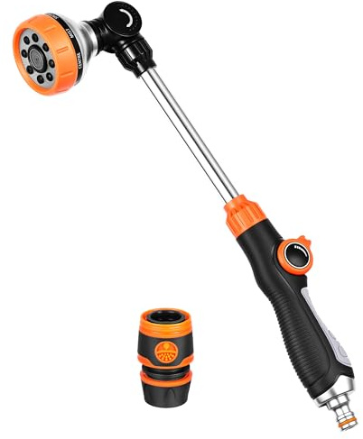 BASVII Gießstab 8 Sprühbilder, 47cm Gartenbrause Lang mit 180° Schwenkbaren Kopf & O-Ring Auslaufschutz, Handbrause Garten mit Wasserdurchflussregelung, Bewässerung Zauberstab für Blumenampeln, Auto