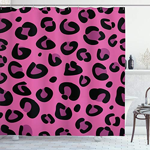 ABAKUHAUS Hot Pink Duschvorhang, Leopard Tierhaut, Stoffliches Gewebe Badezimmerdekorationsset mit Haken, 175 x 200 cm, Schwarz Pink