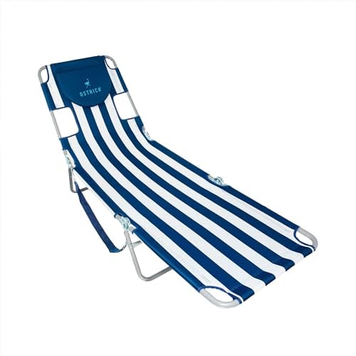 Ostrich Strand-Lounge-Sessel, zusammenklappbar und neigbar, für den Außenbereich, blau/weiß gestreift, tragbar, verstellbar, Liegestuhl für Rasen, Pool, Terrasse, Garten und Hof