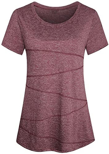 Sykooria Damen Sport Fitness T-Shirt Kurzarm Rundhals Laufshirt Trainingsshirt Leicht Atmungsaktiv Shortsleeve Gym Fitness Yoga Top, Weinrot S