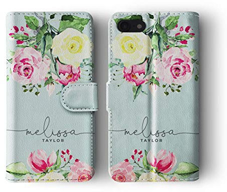 Tirita Personalised Initials Custom Phone Case Compatible with iPhone 7/8 / SE 2020 / SE 2022 Wallet Leather Flip Shabby Chic Floral Watercolour Pastel Bouquet