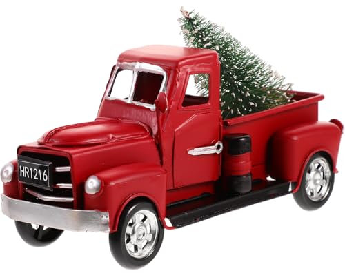 NUOBESTY Christmas Truck Red Model Vintage Metal Car Figurine Collectible Toy With Mini Christmas Tree For Table Top Ornament Decoration