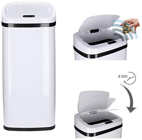 TALK-POINT Poubelle à capteur Automatique 30-50 Litre avec cerclage, en Acier laqué, rectangulaire, Ouverture/Fermeture automatiques - Poubelle de Cuisine Automatique (Blanc, 30 litres)