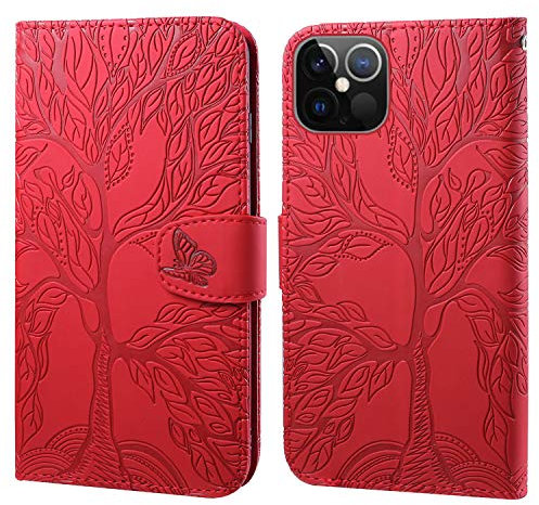 Aisenth for iPhone 12 Pro Max Flip Case, The Tree of Life Embossed PU Leather Wallet Phone Folio Case Magnetic shockproof Protective Cover with Stand function, Card Slots + 1 pcs Wrist Strap (Red)