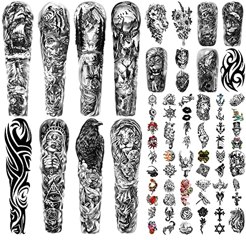 Full Arm Sleeve Temporary Tattoos for Men Women, 46 Sheets Fake Tattoos for Adults, Realistic Lion, Wolf, Eagle, Deer, Flower, Clock, Skeleton Design for Party Concert Daily Accessories