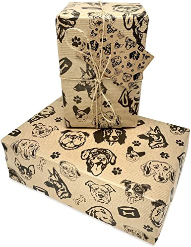Geschenkpapier aus Kraftpapier, 5 Blatt/5 Etiketten, Hunde-Geschenkpapier, recycelbar