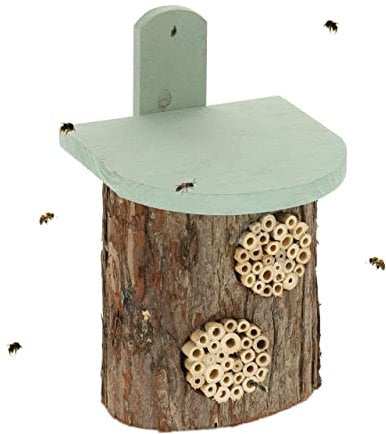 Relaxdays Insektenhotel, Nisthilfe für Wildbienen, HxBxT: 26,5x17x19 cm, Bienenhotel mit 2 Nistplätzen, Holz, Natur/grün