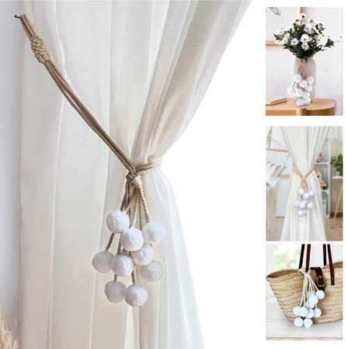 Blau Marité Set de 2 Abrazaderas de Cortina realizadas con Cuerdas de algodón y Pompones de Colores. Alzapaños de Cortina. Decoración Pompones. (Blanco)