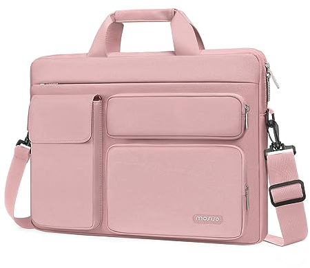 MOSISO Laptop Bag 13.3 inch, 13-13.3 inch Computer Shoulder Bag Compatible with MacBook Air/Pro 13/Pro 14, HP Dell ASUS Notebook &2 Raised&1 Flapover&1 Horizontal Pocket&Handle&Belt, Pink
