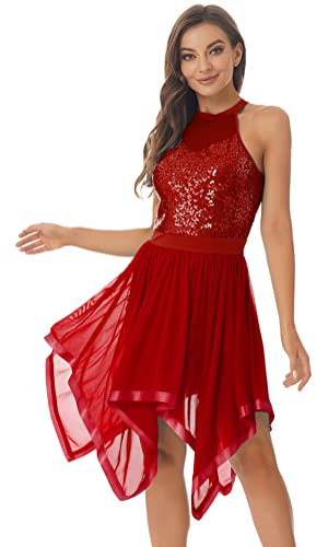 Alvivi Damen Ballettkleid Glitzer Tanzkleid Pailletten Ballettanzug mit Asymmetrisch Rock Ballerina Kleid Latein Cha Cha Tango Salsa Rumba Tanzkleidung A Weinrot XL