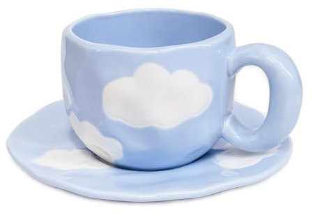 Noviko Bonita taza de café con platillo, taza de té de cerámica, tazas de café únicas para mujer (cielo azul y nubes blancas)