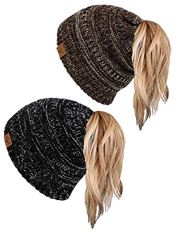 sy soul young Pferdeschwanz Messy Bun Beanie Tail Knit Hole Strickmütze Weiche Brötchen Winter mütze mit zopfloch für Damen(Einheitsgröße2er-Pac –3-Ton-Schwarz und 3-Ton-Kaffee)