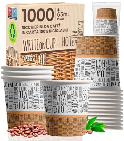 1000 Bicchierini in Carta da caffè 65ml WriteOnCUP Bicchieri Ecologici Biodegradabili Monouso Piccoli Asporto Bevande Calde