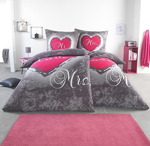 BaSaTex Microfaser Partner Bettwäsche mit Wendemotiv | 2X 155x220 Bettbezug + 2X 80x80 Kissenbezug | Mikrofaser Bettwäsche Set 4 teilig für Paare | Design: Heart Love