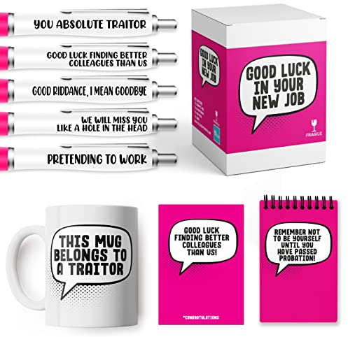 Leaving Job and New Job Gift Set - Mug, Pen Pack, Notebook & Card Funny Leaving Job Present - Pink