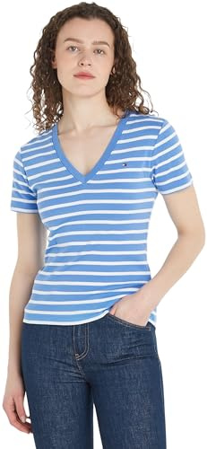 Tommy Hilfiger Damen T-Shirt Kurzarm New Slim Cody V-Ausschnitt, Mehrfarbig (Breton STP/Blue Spell/Ecru), XS