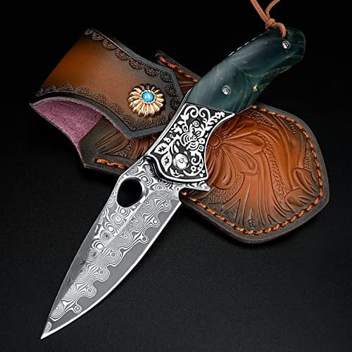 KOMWERO Damast Taschenmesser Hochwertig mit Damaststahl Klinge, Holzgriff, Messerscheide - Scharfe Damast Klappmesser Einhandmesser für Männer Sammeln Jagd Camping Geschenk