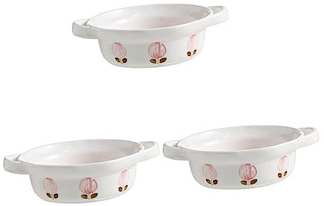 OQHAIR 3pcs Anfora Ciotola per zuppa Fiori Rosa Tulipani Rosa Ciotola per Noodle per microonde Ciotola per miscelazione in Ceramica Teglia per Cottura in Ceramica Ciotole per Noodle picca