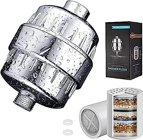 Dogfish Shower Filter for Hard Water, Water Softener Shower Head Filter with 2 Replaceable Multi-Stage Filter Cartridges, Universal Limescale Filter Shower for Removing Chloride, Heavy Metals