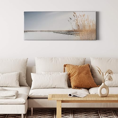A.S. Création Leinwandbild Gräser am Meer - Kunstdruck blau beige - 100x40 cm Querformat - moderne Wanddekoration Schlafzimmer Wohnzimmer Küche - Bild auf Keilrahmen