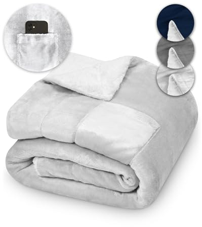 Kinder-Kuscheldecke 130x150 KAMI Sherpa grau, Extra flauschig & weich, Kleine Tagesdecke für den Winter, Kinder-Decke für Sofa, Kinderzimmer, Couchdecke klein 130 x 150 cm mit Tasche & Hygieneschutz