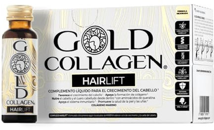 GOLD COLLAGEN Hairlift Flüssigergänzungsmittel mit Meereskollagen, hydrolysiert mit Hyaluronsäure, Biotin für Haare, Vitamin C B6, Zink, Keratin, Stärkt Haar Haut und Nägel, 10 Flaschen 50 ml