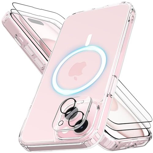 Mootobo for iPhone 15 Case 4 in 1 Strong Magnetic with 2 Screen Protector and Lens Protector Compatible with MagSafe Accessories, Anti-Scratch Matte Back Slim Shockproof Phone Case 6.1 Inch, Clear