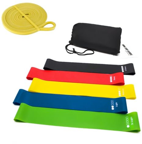 Pack 5 Bandas elásticas más 1 Goma Calentamiento Fitness Musculación con Niveles de Resistencia, Bolsa de Transporte y Manual de Ejercicios Pierna, glúteos, Brazos.