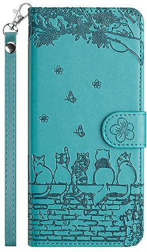FALUWONRU Hülle für Samsung Galaxy A50/A30S Klappbare,Samsung A50S Handyhülle Tasche,Katzen Leder Klapphülle,Flip Case Stoßfeste Magnetische Standfunktion Kartenfächern Schutzhülle,Blau Grün