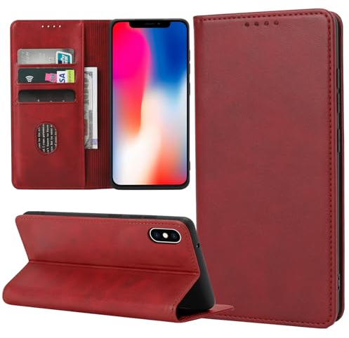 ZYIMOU Handyhülle für iPhone XS/iPhone X Hülle, Leder Schutzhülle Standfunktion Kartenfach Wallet Klapphülle iPhone XS/iPhone X Flip Case Cover, Rot