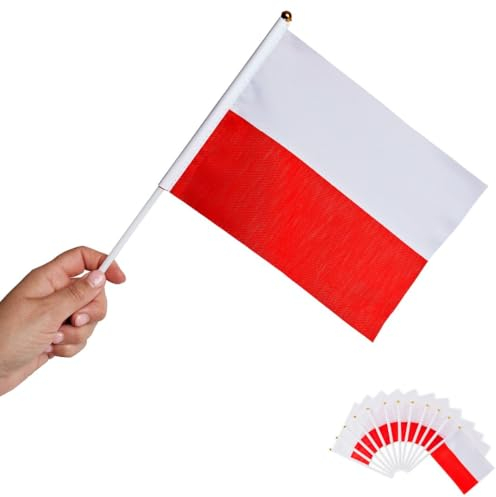 Runesol Pack de 12 Banderas Polonia, 14cm x 21cm, Bandera de Mano Internacional, Polaca, Bandera en un Palo, Decoración de Banderas, Deportes, Eventos, Celebraciones, Epifanía
