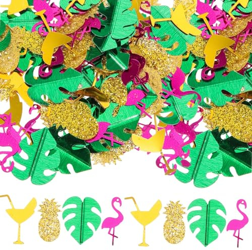 GoldRock Konfetti Hawaii Deko, Tischdeko Hawaii Party Deko, Streudeko Hawaii Dekoration Party, Confetti Beach Party Deko Zubehör, Monstera Blätter, Ananas, Rotweinglas, Flamingo Deko Konfetti Grün
