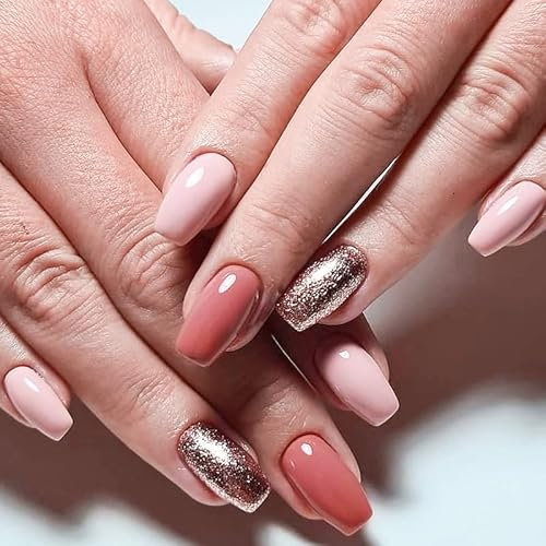 MrCuvaryas 24 Stück Press on Nails Mittel, Rosa Ballerina Glitzer Eckig French Künstliche Nägel, Acryl Full Cover Nägel Zum Aufkleben mit Nagelkleber Aufkleber, für Frauen Mädchen Nail Art Maniküre