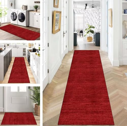 ZUZEKU Abstrakte Läufer Flur Küche Waschbar rutschfest 80X300cm Vintage Rot Lang Küchenteppich Flurteppich Teppich Fur Korridor Wohnzimmer Schlafzimmer Meterware Anpassbar