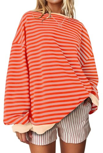 UEU Damen-Sweatshirt, übergroß, gestreift, Rundhalsausschnitt, langärmelig, Farbblock, lässig, lockeres Workout-Shirt, Orange-rosa Streifen, XL