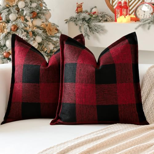 Sungeek 2er Set Buffalo Plaid Tartan Kissenbezüge, Dekorativ Zierkissenbezüge Weihnachten Kariert Kissenbezug Dekokissen Deko Bezug Kissenhülle für Sofa Schlafzimmer Wohnzimmer 40x40cm (Schwarz+Rot)