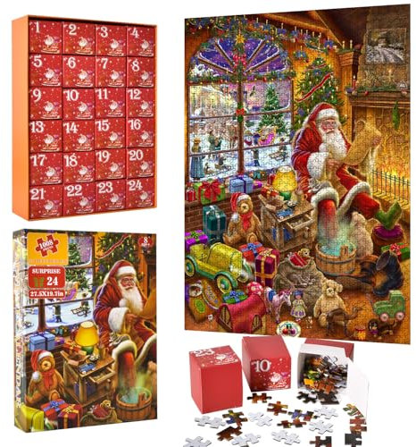 Adventskalender 2025 Puzzles für Kinder, 1008 Teile Weihnachts-Countdown-Kalender-Puzzle für Jugendliche und Erwachsene (Rot)