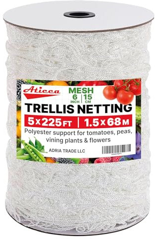 Trellis Netting 5 x 225 ft Heavy Duty Polyester Plant Support Netting White - 6 Inch Garden Rope Trellis on Roll - Mesh Twine for Growing Vine Climbing Plants, Flowers, Peas, and Tomatoes.
