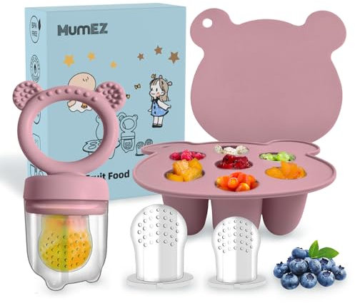 MumEZ Baby-Frucht-Schnuller – praktisches Babynahrungs-Futterset, einfache Selbstfütterungsreise mit Babynahrung, Schnuller-Futterspender für Babynahrung (Rosa)