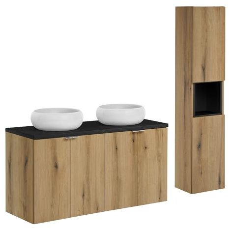Lomadox Badezimmer Badmöbel Set 2-teilig, 120cm Doppelwaschtisch, in Eiche und schwarz, geringe Tiefe (40cm)